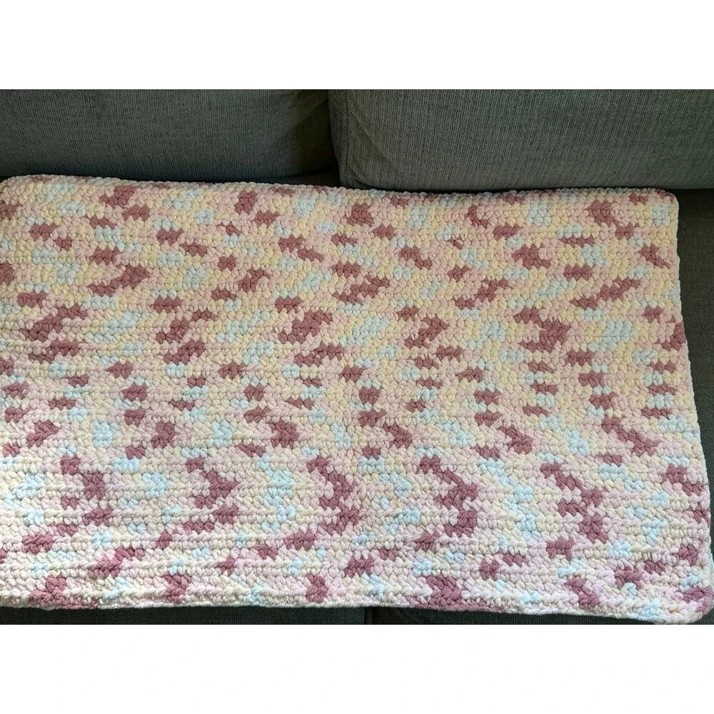 Handmade Bernat Chunky Chenille Yarn Tight Crochet Multicolor Baby Girl Blanket